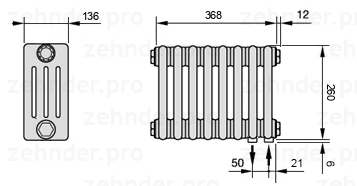 Схема (чертеж) Радиатор Zehnder Charleston 4026/8 №5510 Белый глянцевый RAL 9016